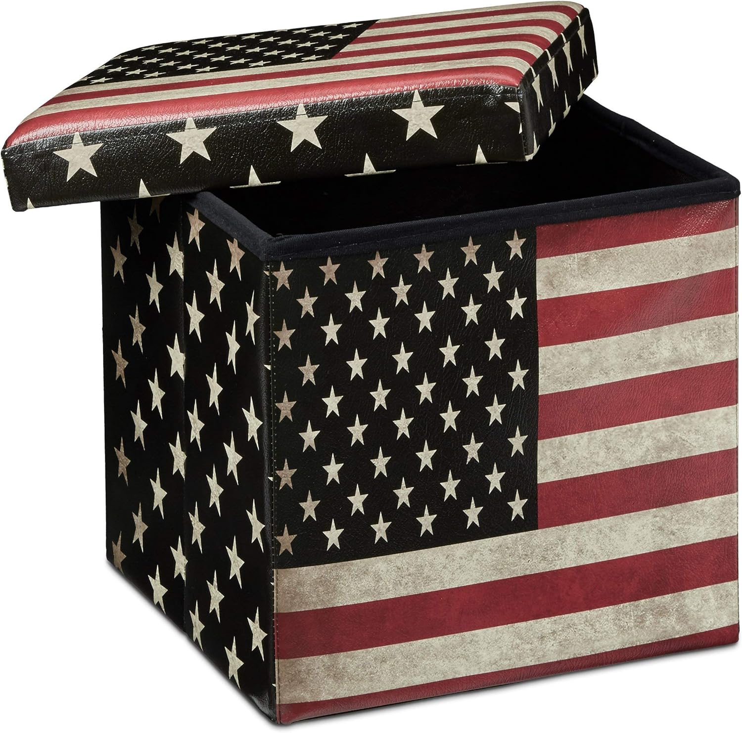 Relaxdays Faltbarer Sitzhocker 38 cm stabiler Sitzwürfel mit trendigen Motiven als praktische Fußablage als Sitzwürfel mit bedrucktem Kunstleder als Aufbewahrungsbox mit Stauraum und Deckel, USA