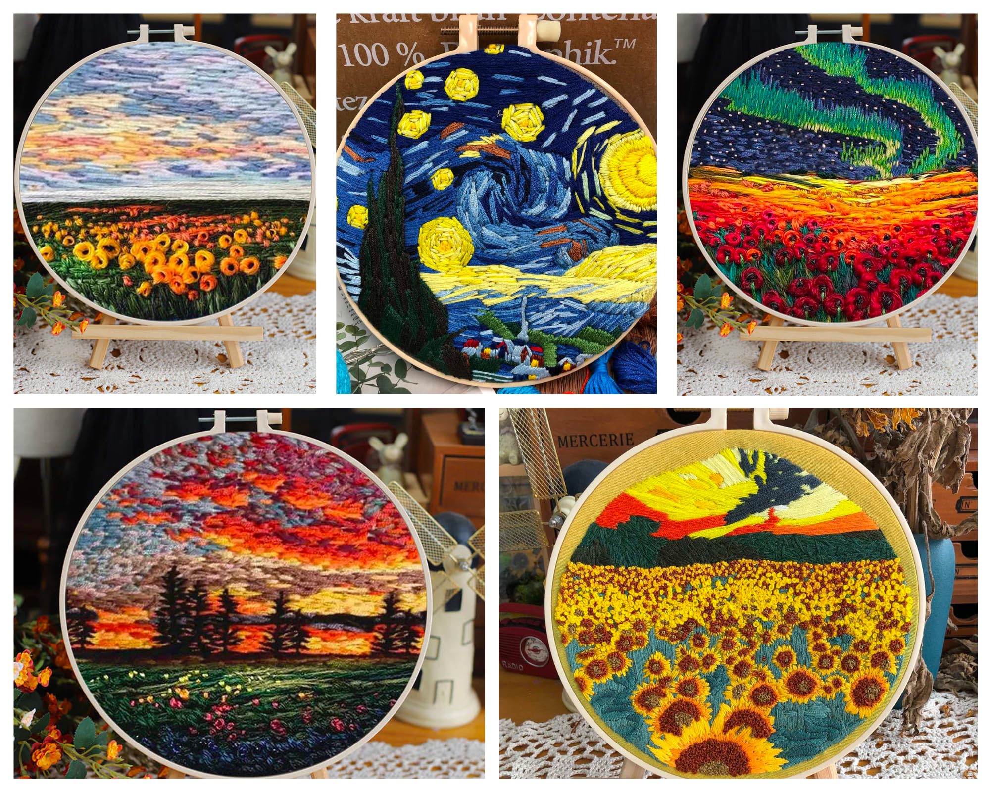 HobbyJobby Set of 5 Embroidery Starter Kit for Beginners, Stamped Embroidery Kit with Pattern and Instructions, Landscape Cross Stitch Starter Kit for Adults, Includes Hoop, Fabric, Threads & Needles