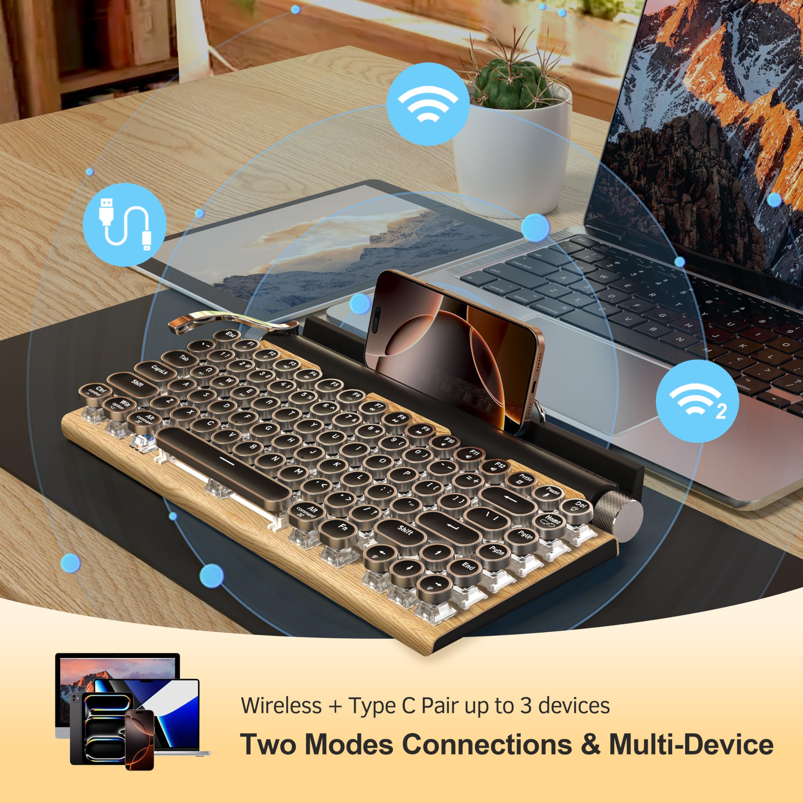 Retro Typewriter Wireless Mechanical Gaming Keyboard, Bluetooth 5.0 Office Computer Vintage Keyboards 83-Key Blue Switches Punk Round Keycap, LED Backlight, Compatible with PC/Laptop/Pad/Phone, Wood