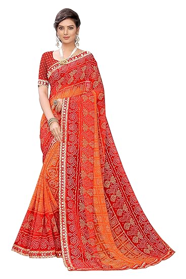 Womens Georgette Bandhani Printed Saree With Blouse