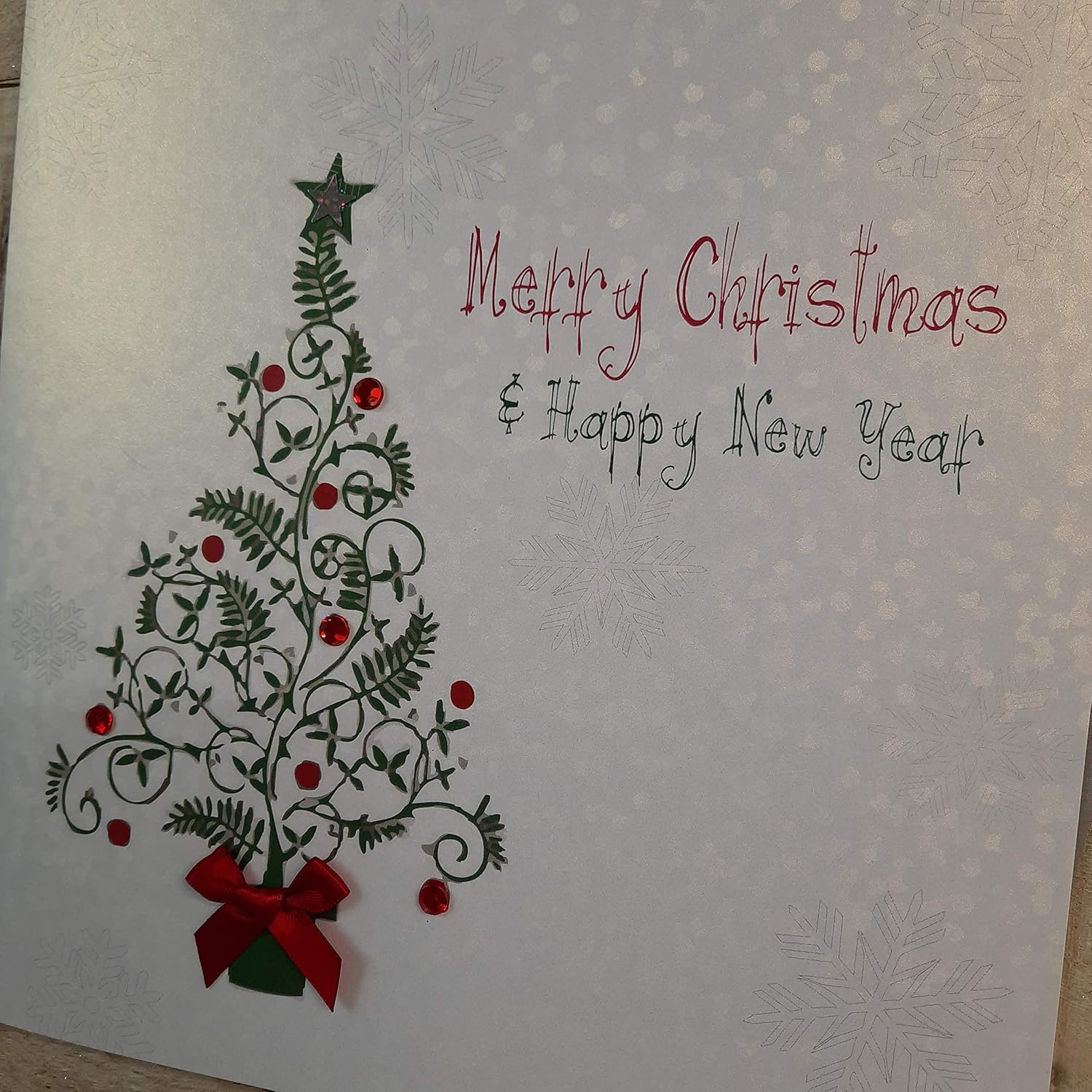 White Cotton Cards Code XFP6 Merry Christmas and Happy New Year Large Handmade Card, Tree, 22cm x 22cm - Image 4