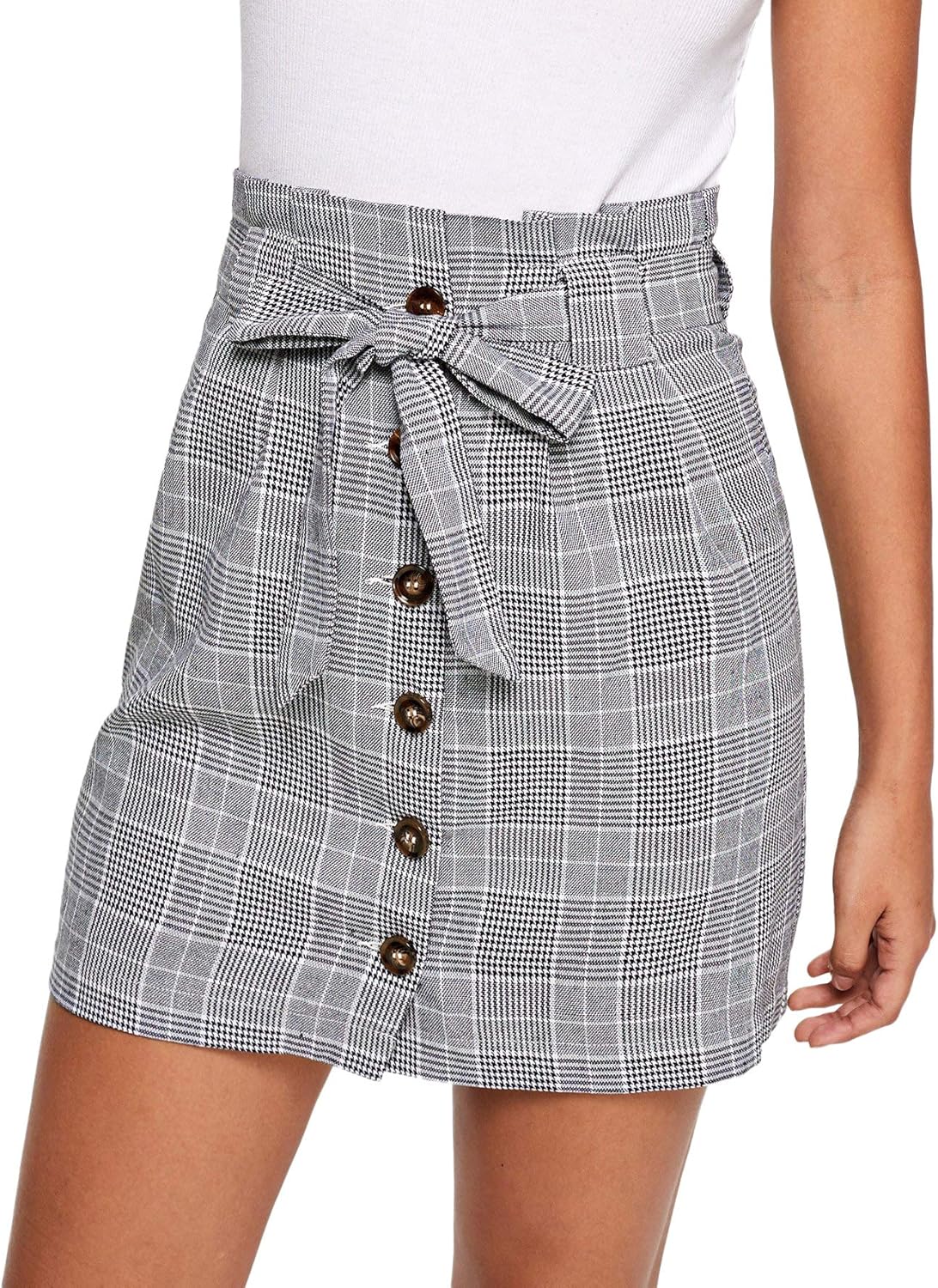 WDIRARA Women's Casual Plaid High Waist Button Closure A-line Mini Short Skirt: Clothing