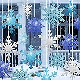 Suncalla 16 Pcs Large Snowflake Ornament 12"/10"/8.5" Glitter Blue Silver Snowflake Cutouts Double Sided Xmas Tree Decoration Giant Christmas Hanging Decoration with 9.8 ft Ribbon for Home Winter Door