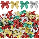 Syhood 150 Pcs Christmas Mini Bow Tiny Twist Tie Handmade Craft Ribbon Hair Small Holiday Bow Craft Supply for DIY Sewing Party Decor(Classic Color, Glitter)