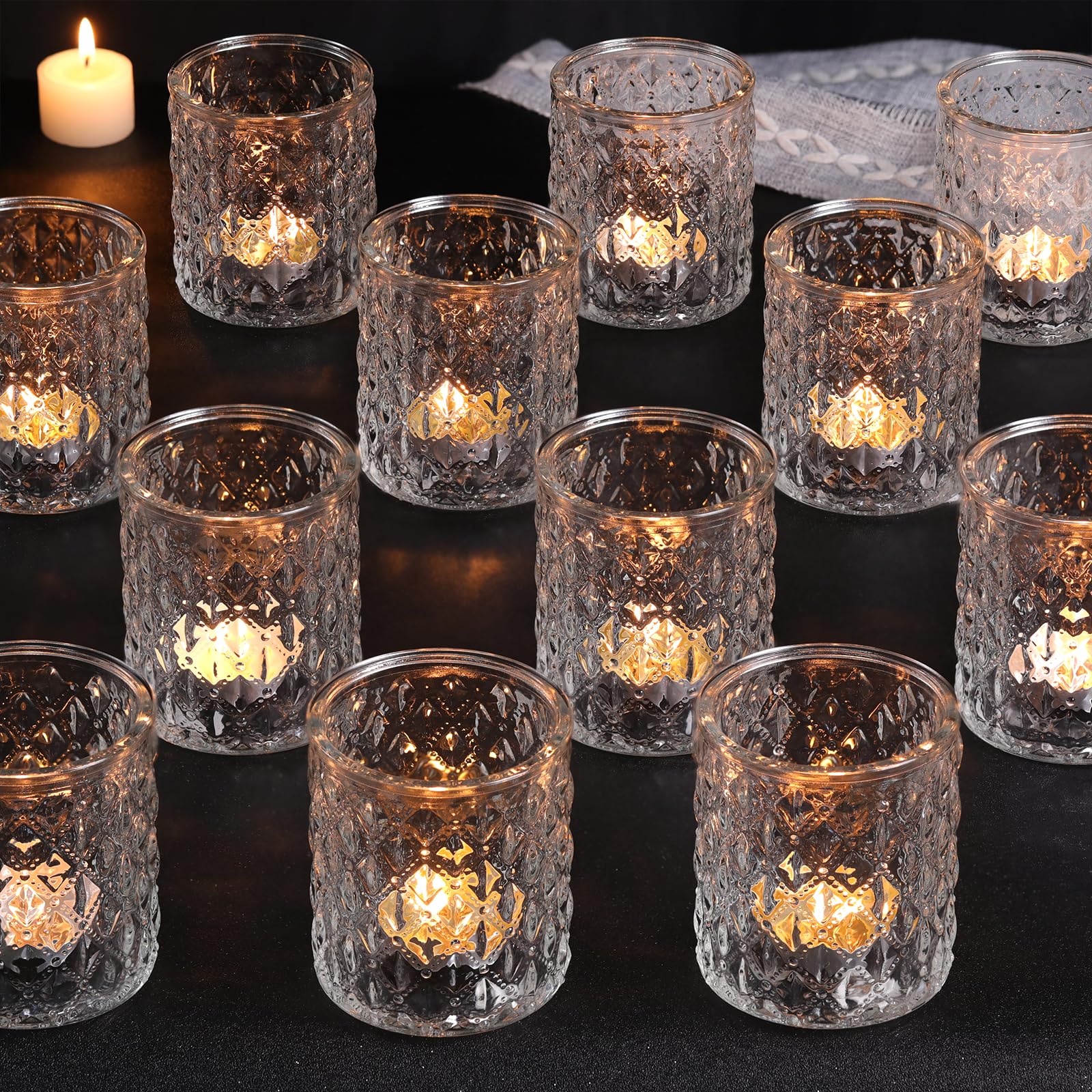 Photo 1 of 12Pcs Large Votive Candle Holders Clear Tea Light Candle Holders Glass Candle Holder for Bridal Shower, Wedding, Table Centerpiece, Party, Home Decor