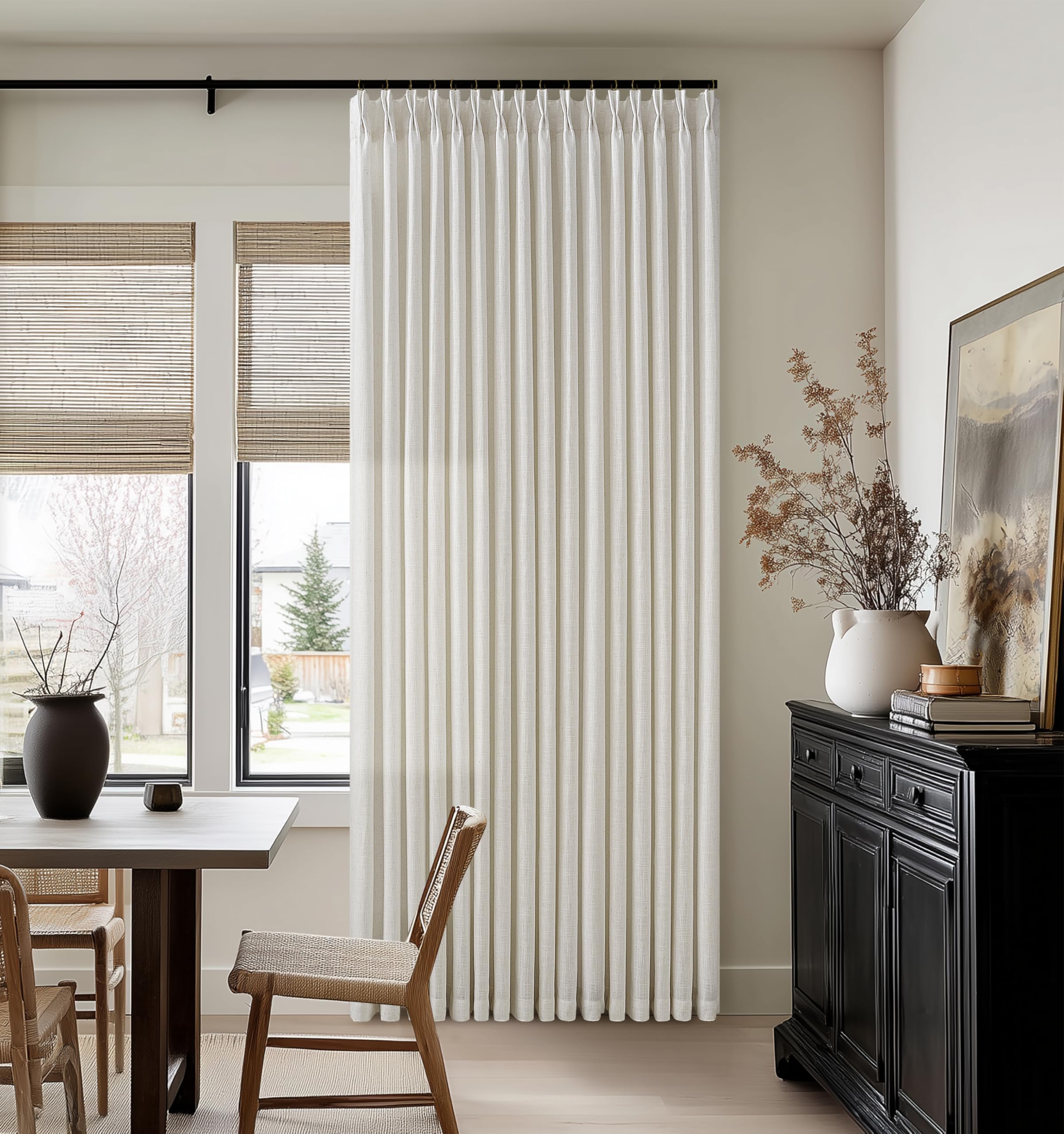 Photo 1 of 92 Inch Long Pinch Pleat Linen Curtains for Living Room 2 Panels Set Natural Cream Boho Semi Sheer Light Filtering Neutral 92 Inch Pleated Curtain with Rings Hooks Floor Ceiling Bedroom Window