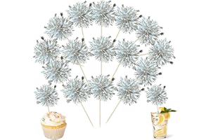 Ephlyn 30Pcs Foil Firework Cupcake Toppers Party Birthday Cake Toppers Supplies Sparkle Tinsel Cocktail Fruit Toothpick for Birthday Wedding Graduation Party Silver