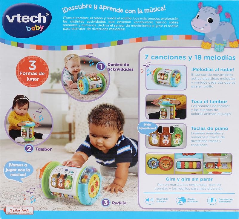 -Baby Rouleau Magique interactif 3 en 1, Jouet Multi-activités pour bébés à partir de 6 Mois, Tambour, Piano et Centre d'activités, Apprentissage de la Musique, enseigne Le vocabulaire de Base