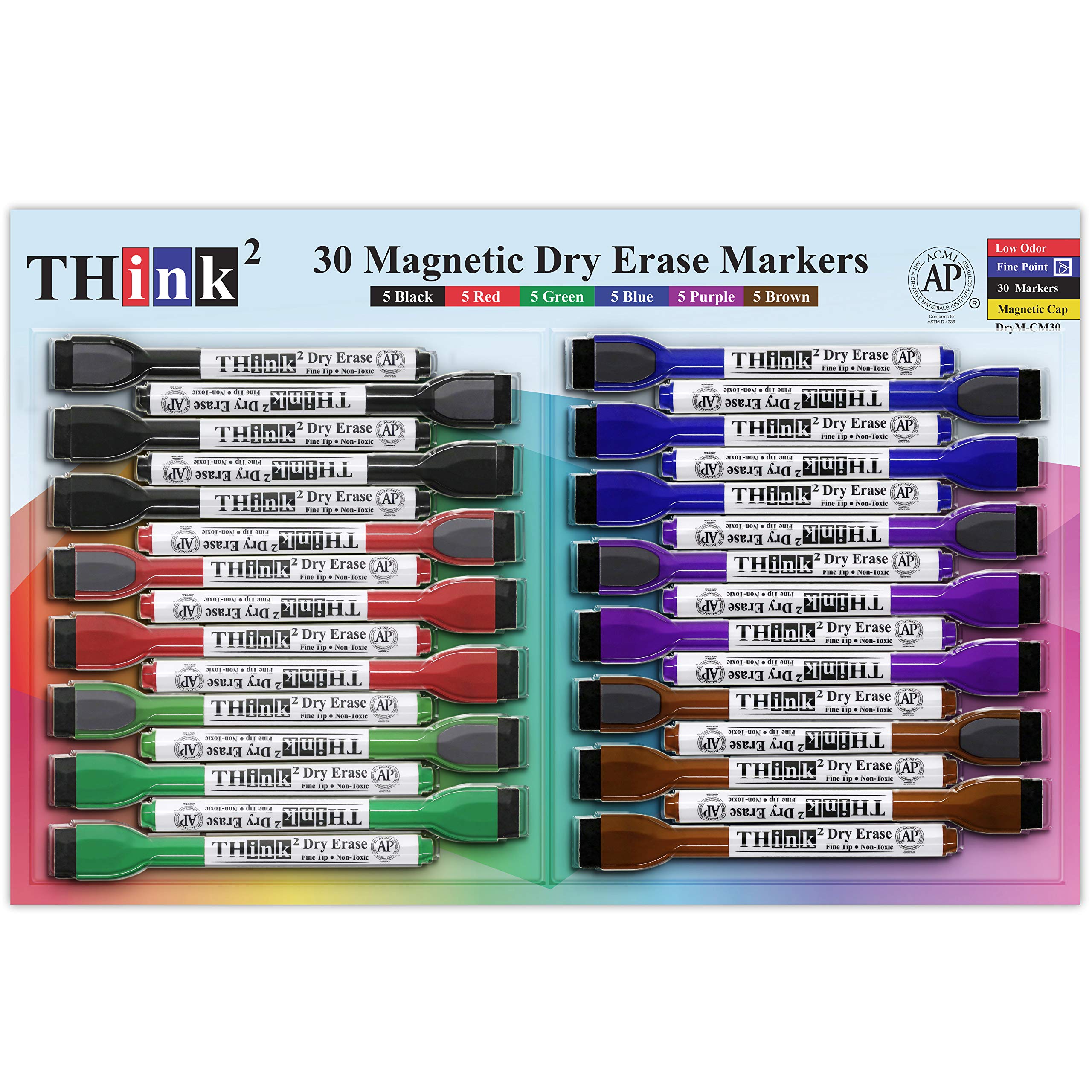 [30 Markers - 6 Colors] Think2 Magnetic Mini Dry Erase Markers with Eraser. (5 Black, 5 Red, 5 Blue, 5 Green, 5 Purple, 5 Brown) Bulk Set. AP Certified Whiteboard Markers for Kids, Classroom, Office,
