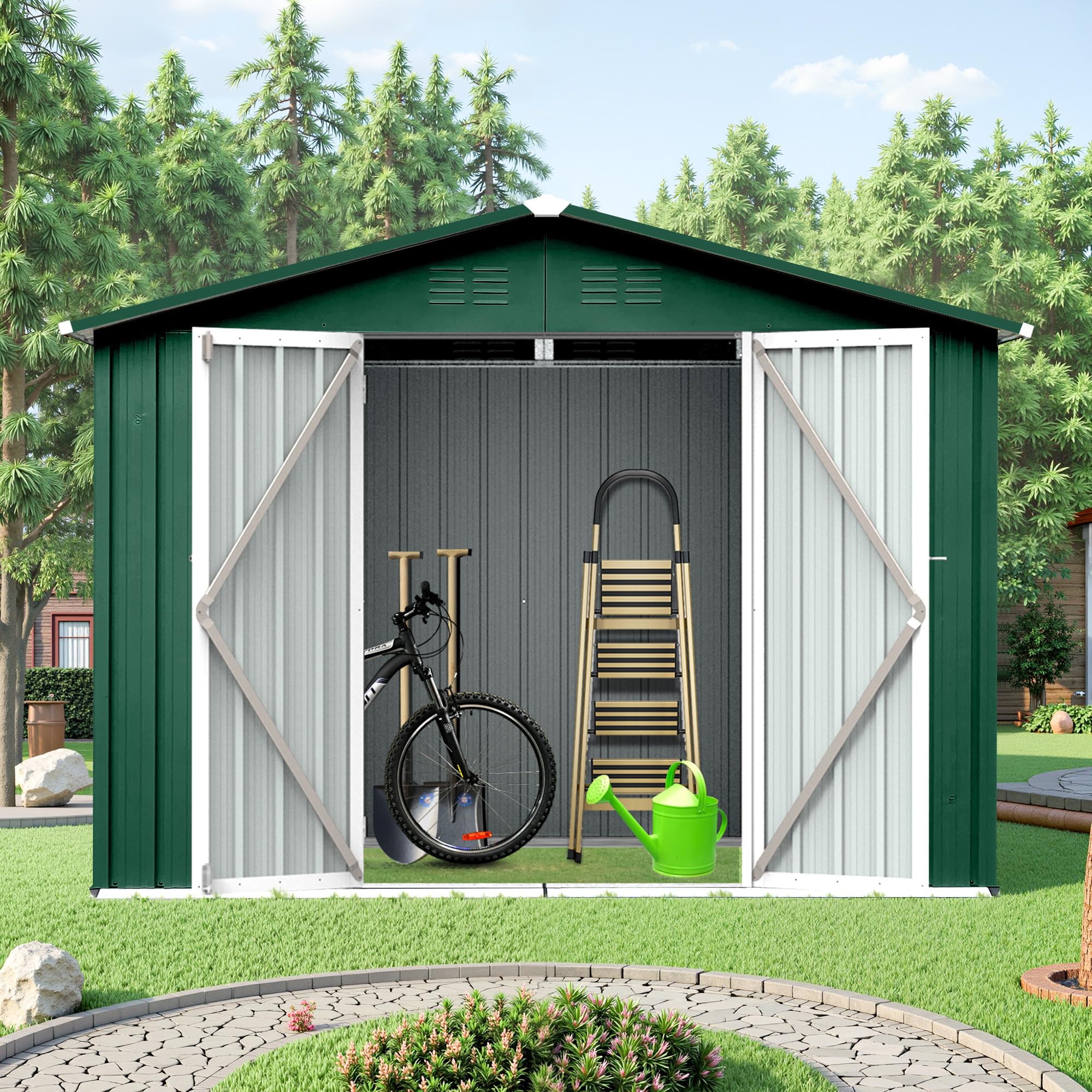 Photo 1 of **INCOMPLETE** Lyngins 8x6 FT Outdoor Storage Shed, Metal Tool Shed with Lockable Doors & Peaked Roof, Garden Shed with Vented Design for Backyard Garden Patio Lawn, Green+White