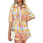 PRETTYGARDEN Womens Rompers for Summer 2025 Beach Vacation Clothes Short Sleeves Floral Jumpsuits Beach Cover Up
