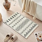 Douceur Boho Bath mat for Bathroom Floor Non Slip, Acrylic Blend Cute Bath Rugs with Tassels, Black and Cream White Tribal Ethnic Pattern Farmhouse Bathroom Rugs
