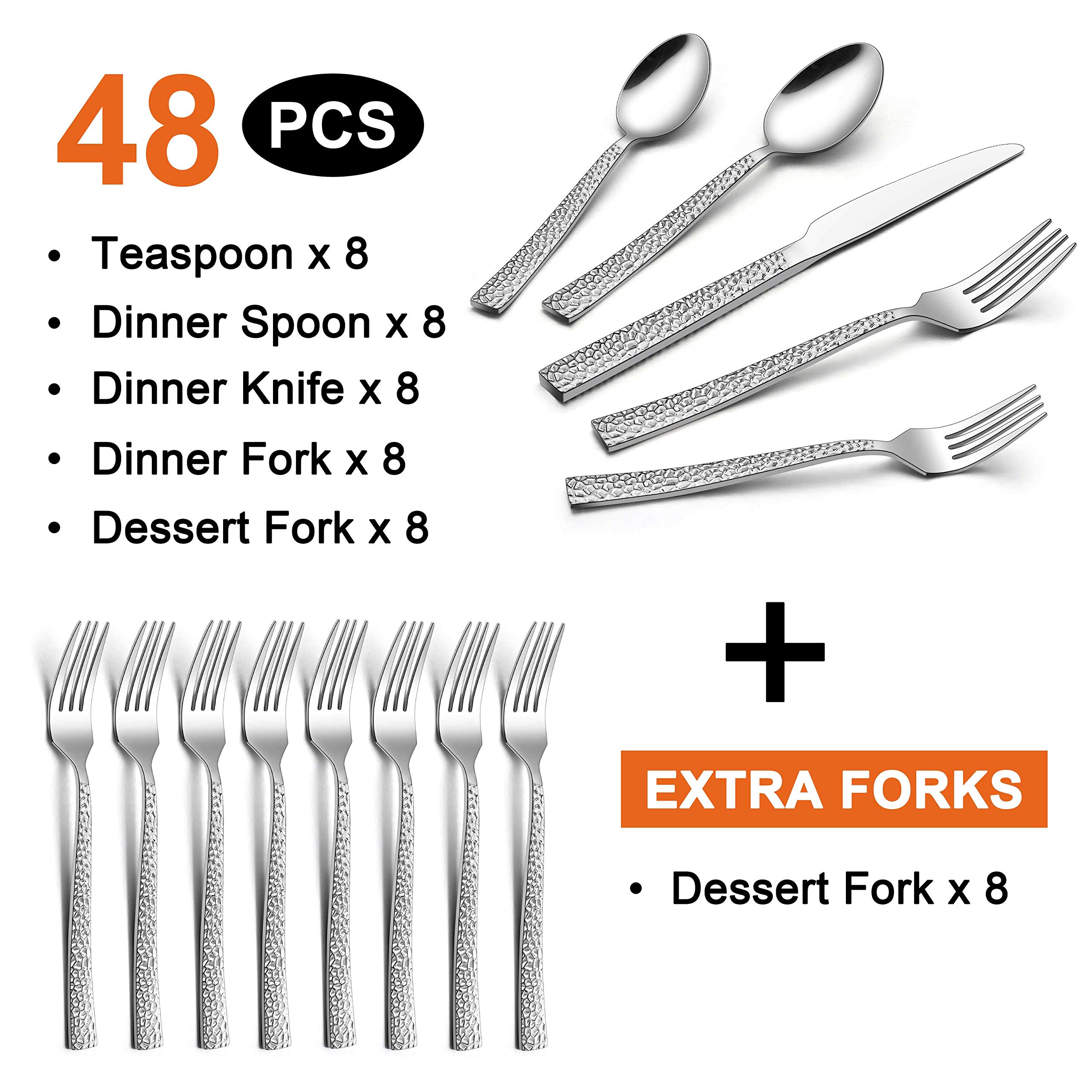 LIANYU Hammered Silverware Set for 8, 48 Piece Flatware Set Plus Extra
