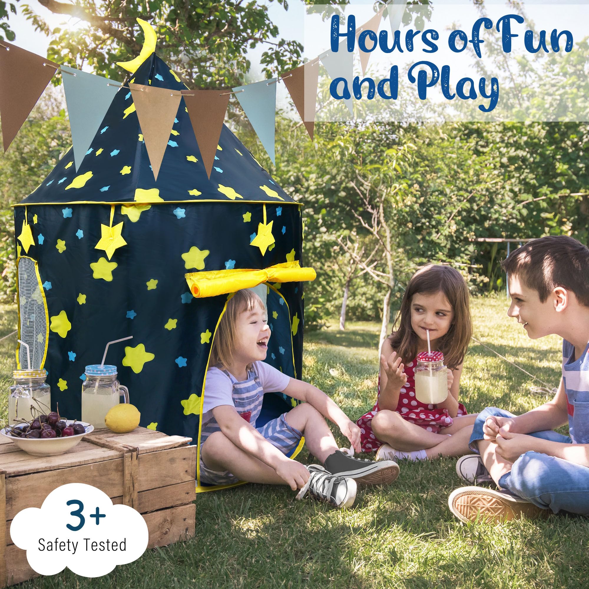 LotFancy Play Tent for Boys, with Star Lights and Storage Carrying Bag, Pop Up Play Tent House for Kids Toddlers, Indoor and Outdoor Use, Foldable, Portable, Blue