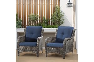 GARDENBEE Patio Wicker Chairs Set of 2, Patio Rattan Dining Chairs with 3.5-inch Seat Cushions, High Back and Curved Armrest for Garden, Backyard, Balcony and Deck, Blue