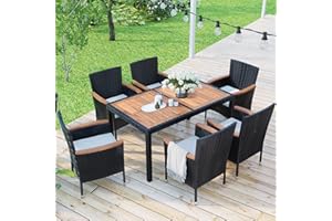 EMKK 7-Piece Outdoor, Garden PE Rattan Wicker Dining Table, Patio Furniture Cushioned Seating and Back Sectional Conversation Set, Stackable Armrest Chairs, OneSize, Brown