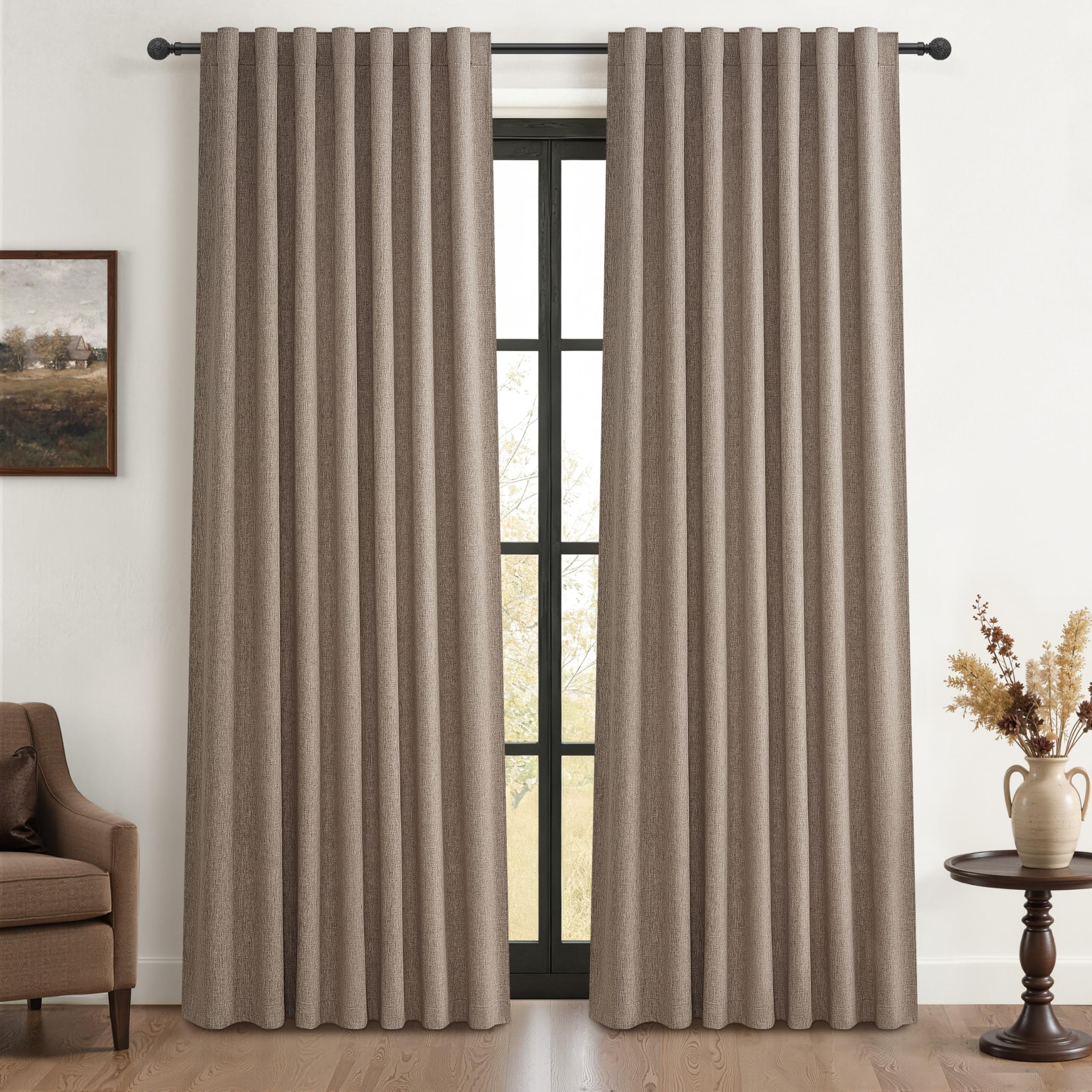 Photo 1 of Dark Flax 100% Blackout Curtains 84 Inch Length 2 Panels Set Farmhouse Style for Bedroom Windows/Living Room Thermal Insulated Neutral Boho Drapes Linen Blend Chocolate 7ft Long Hook Belt Pleated