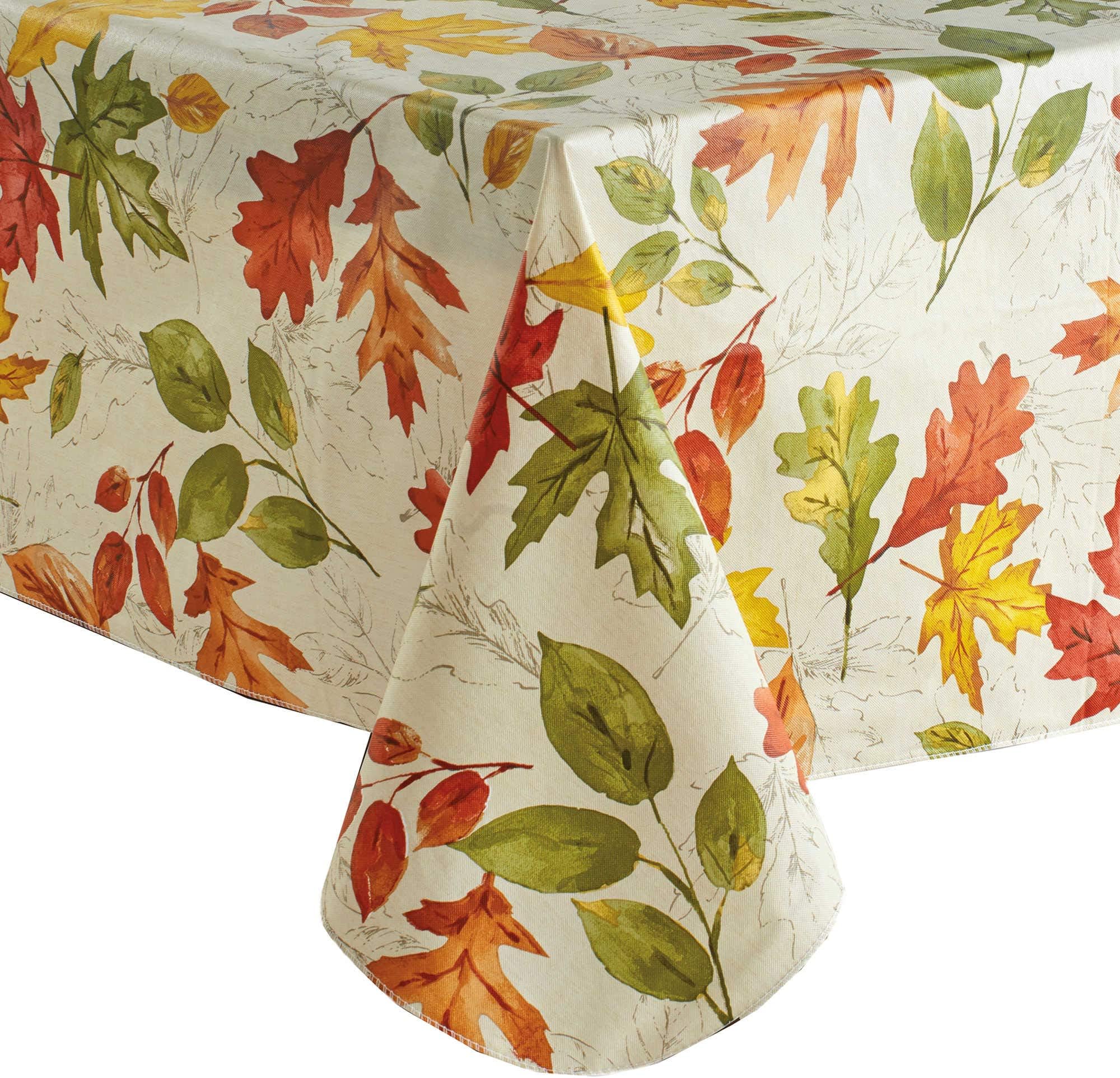 Fall Vinyl Tablecloth Flannel Backed, Colorful Falling Autumn Leaves Print, (60 x 84 Rectangle)