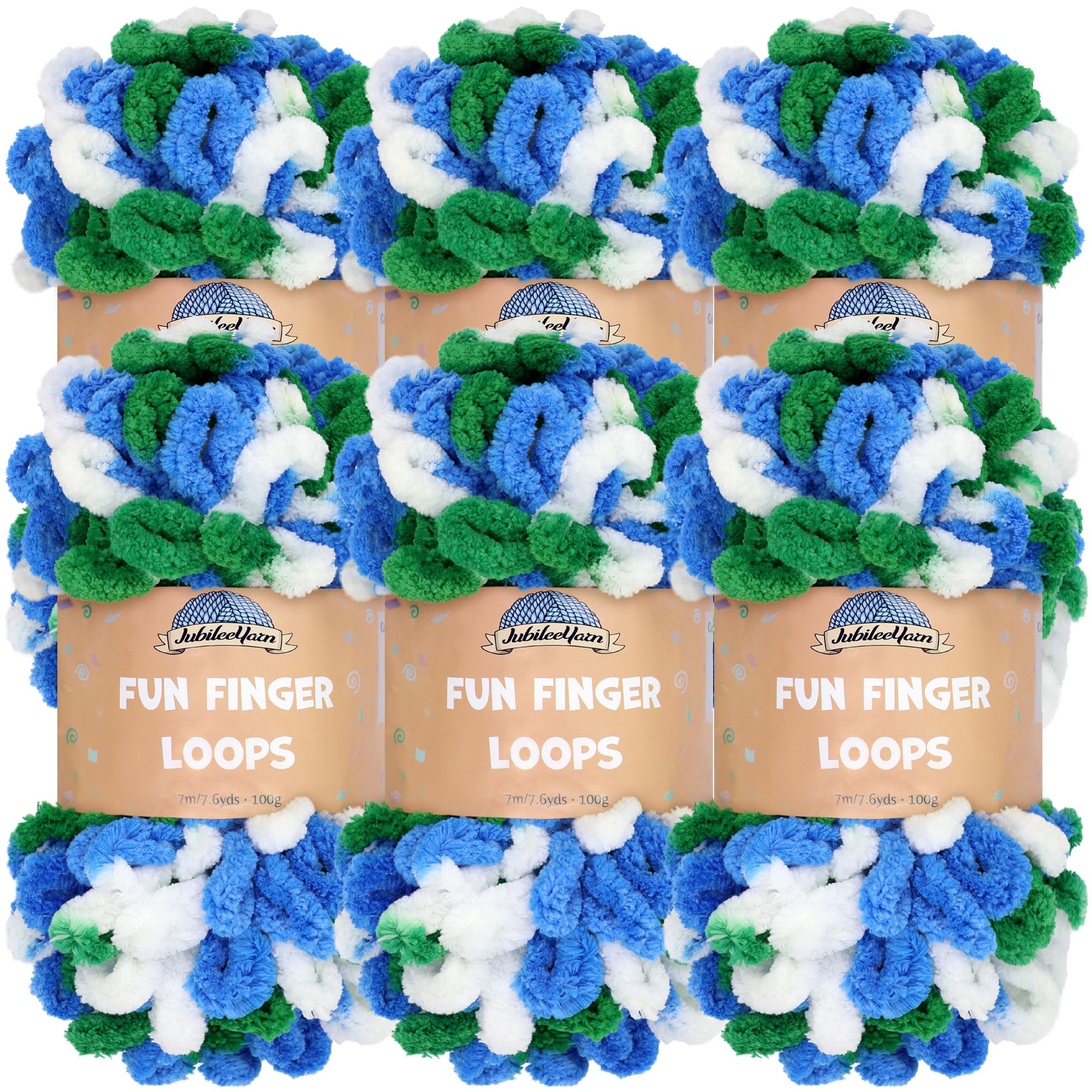JubileeYarn Fun Finger Loops Yarn - Polyester Jumbo Weight Loop Yarn - 100g/Skein - Blue Green White - 6 Skeins — image 1