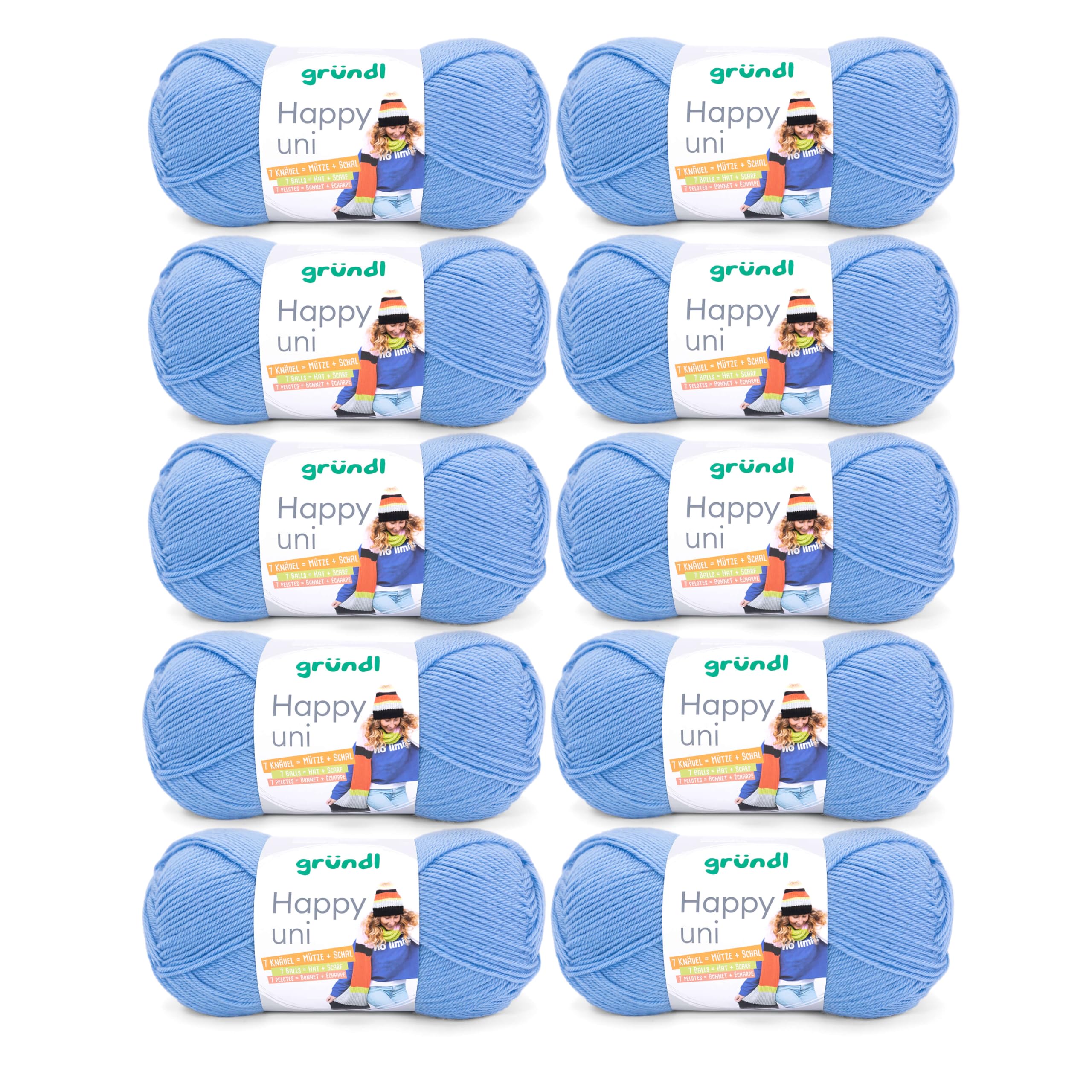 Gründl “Happy Uni”, 10x balls of 100 g knitting yarn, 100% acrylic, 40 cm x 39 cm x 9 cm, 100% Polyacrylic, light blue, 40 x 39 x 9 cm