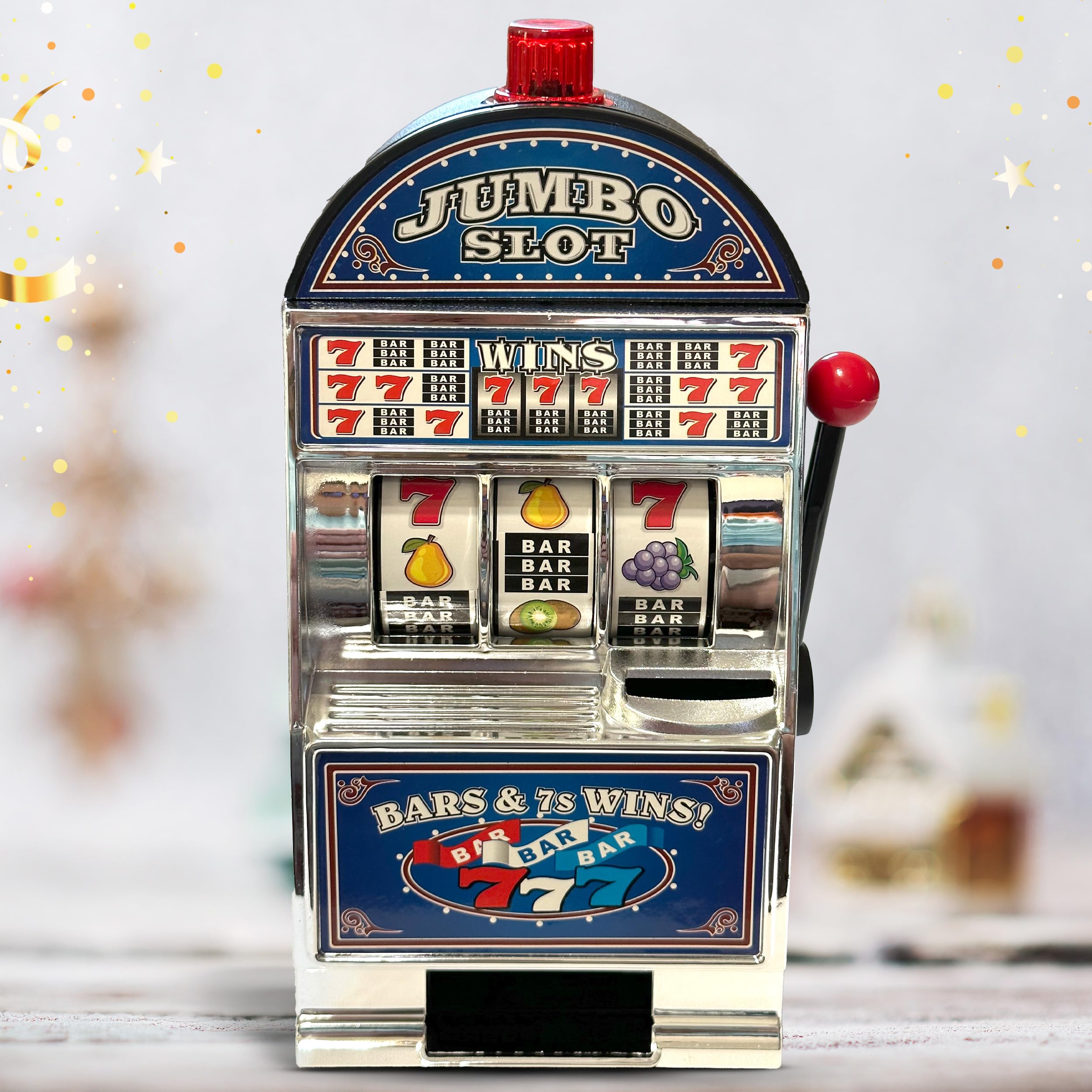 Photo 1 of 777 Silver Slot Machine Casino Toy Piggy Bank Replica with Flashing Lights and Jackpot Alert Sounds