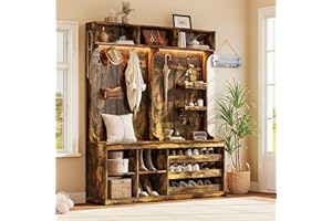 iPormis 70“ Large Hall Tree with Bench and Adjustable Storage Shelves, 6-in-1 Farmhouse Entryway Bench w/Coat Rack, Top Storage, Small Shelves for Entryway, Living Room, Led Lights, Rustic Brown