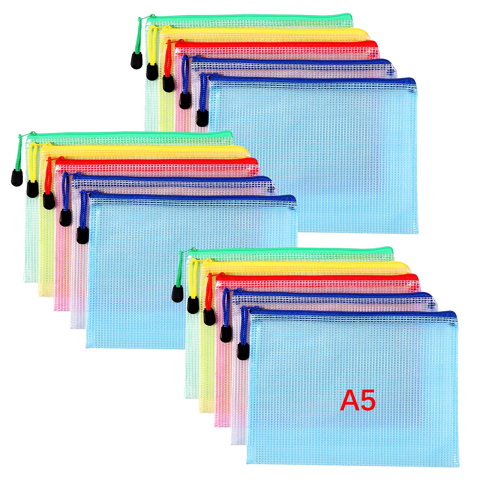 Oderra A5 Document Wallet, 15 Pieces (5 Each) with Zip Pockets, Mesh Bag for Documents, Paper, Cosmetics, 5 Colours, Zip Bag