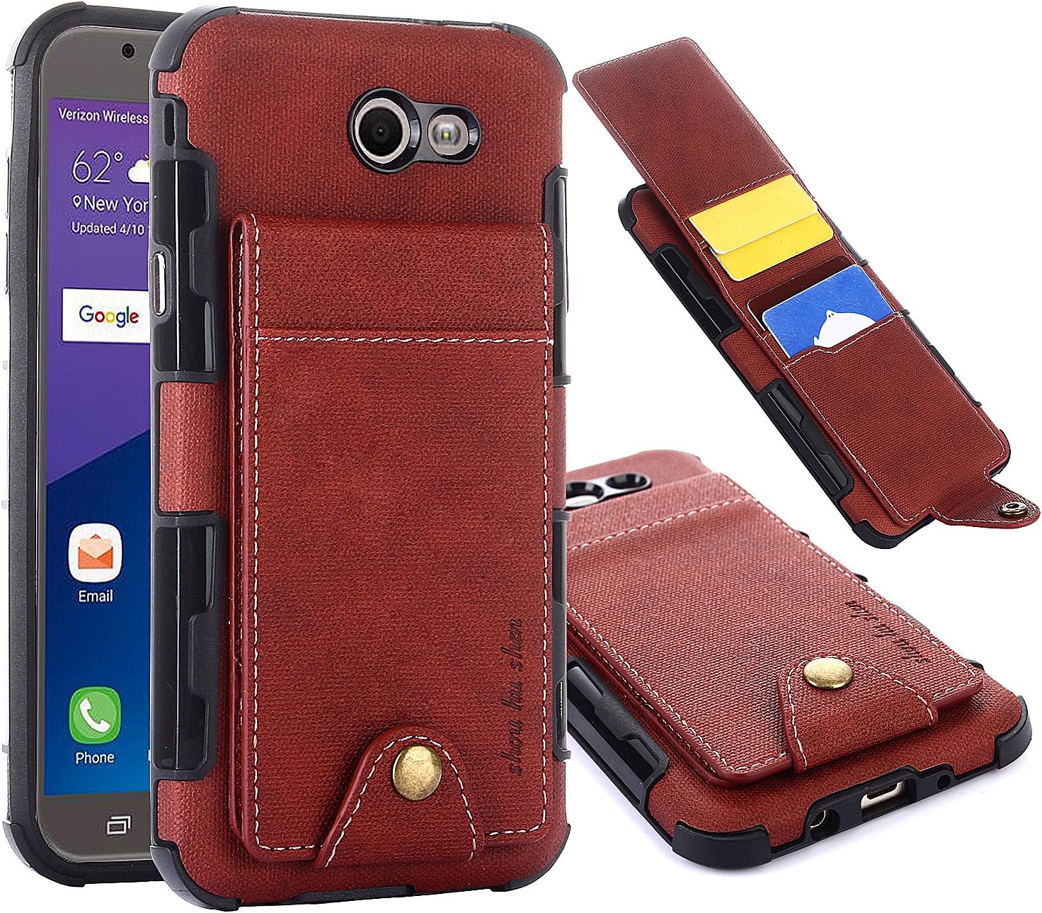 Samsung Galaxy J7 Sky Pro Case, Galaxy J7 Perx Case, Galaxy J7 V Case, Galaxy Halo, Galaxy J7 Prime Wallet Case, 5 ID Credit Card Slot, Button Flip-Out Leather Drop Protection Case -Brown