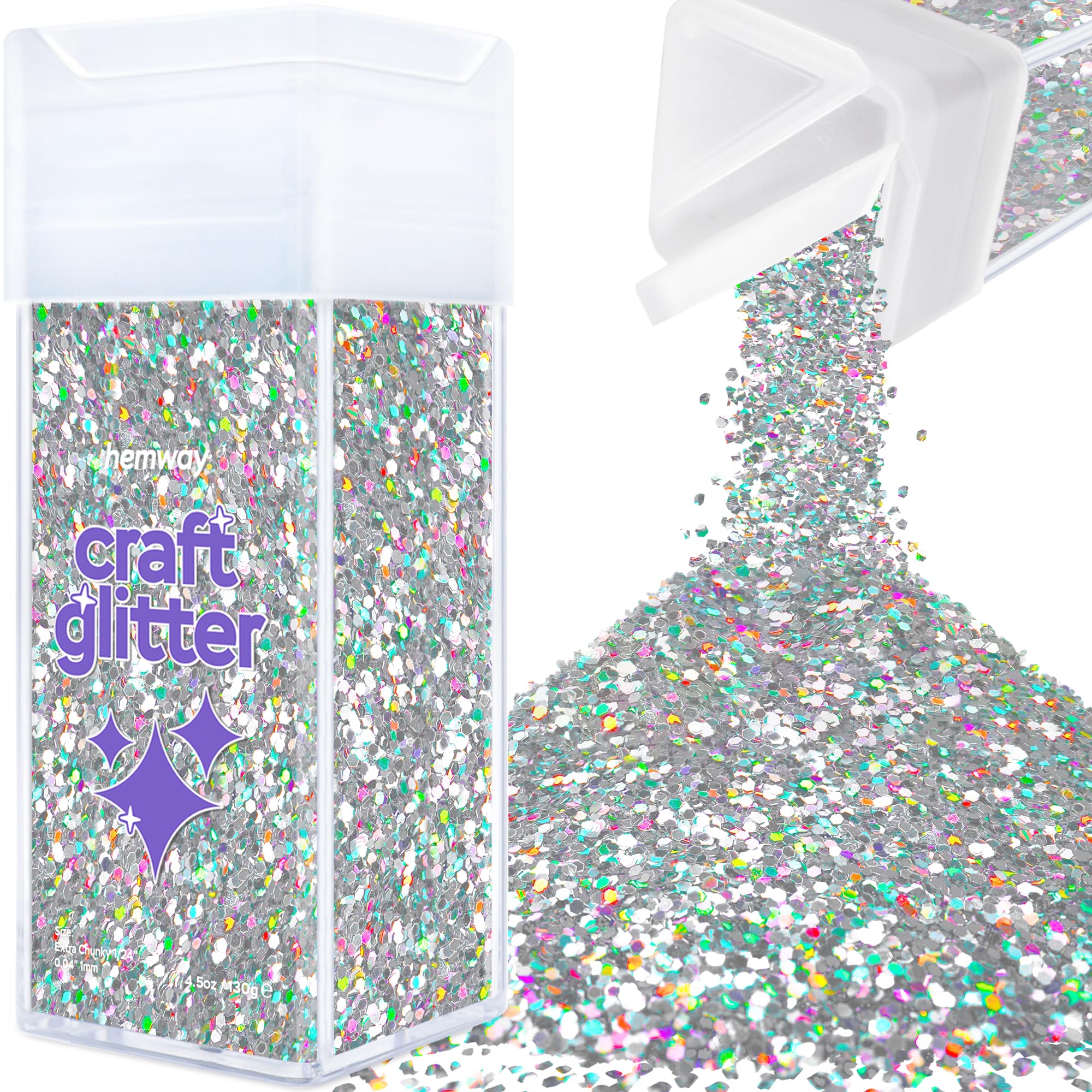 Hemway Glitter Shaker Silver Holographic 110g Extra Chunky, Craft Glitter Shaker for Resin & Epoxy Crafts, Christmas Art Supplies, Nail, Body, Face, Eye, Festival, Crafting, Slime, Sparkle