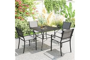 Outsunny Outdoor Dining Table for Four, Patio Table with Parasol Hole, Square Garden Table with Slatted Metal Plate Top for B
