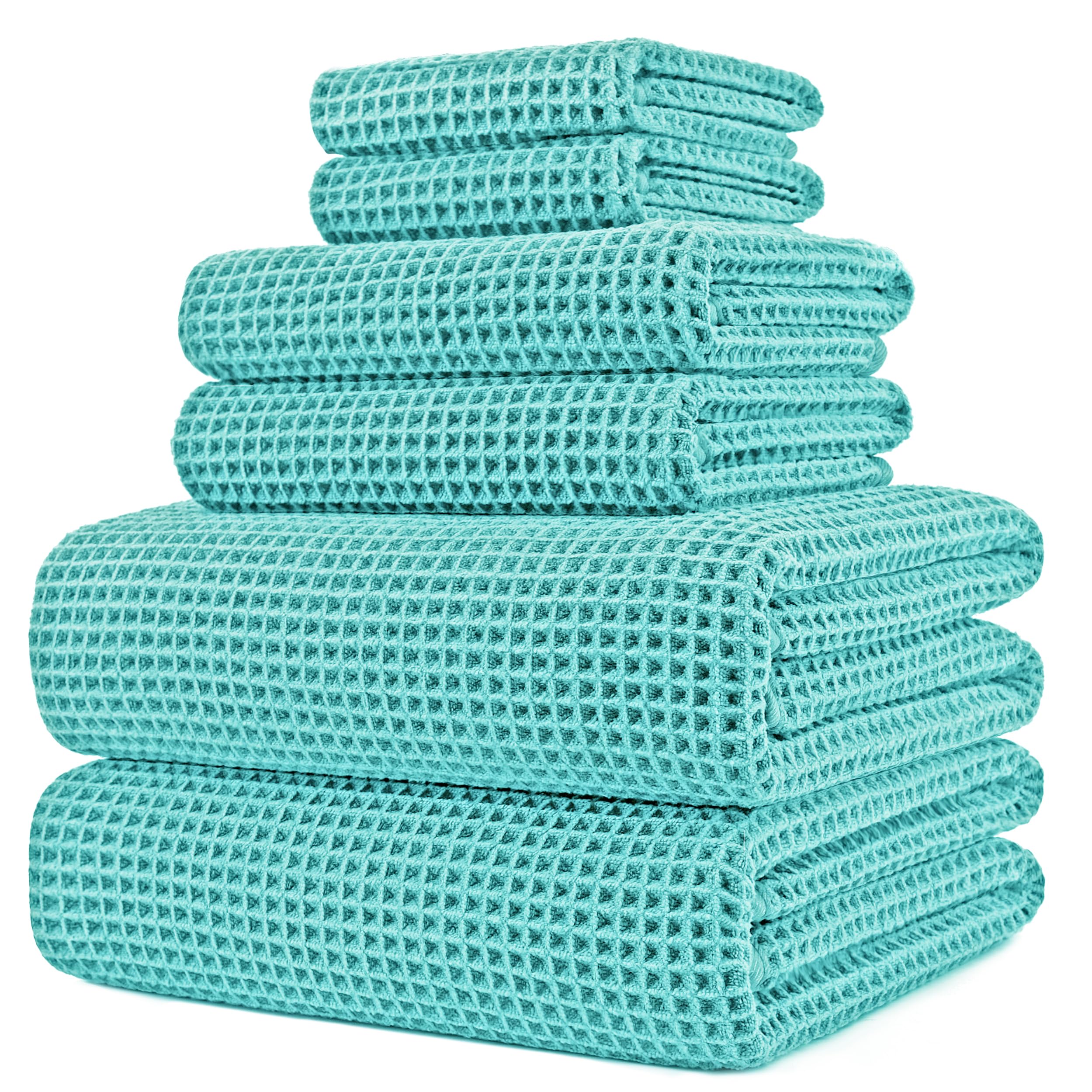 POLYTE 430 gsm Microfibre Quick Dry Lint Free Oversize Bath Towel Set, 6 Piece (Waffle Weave)