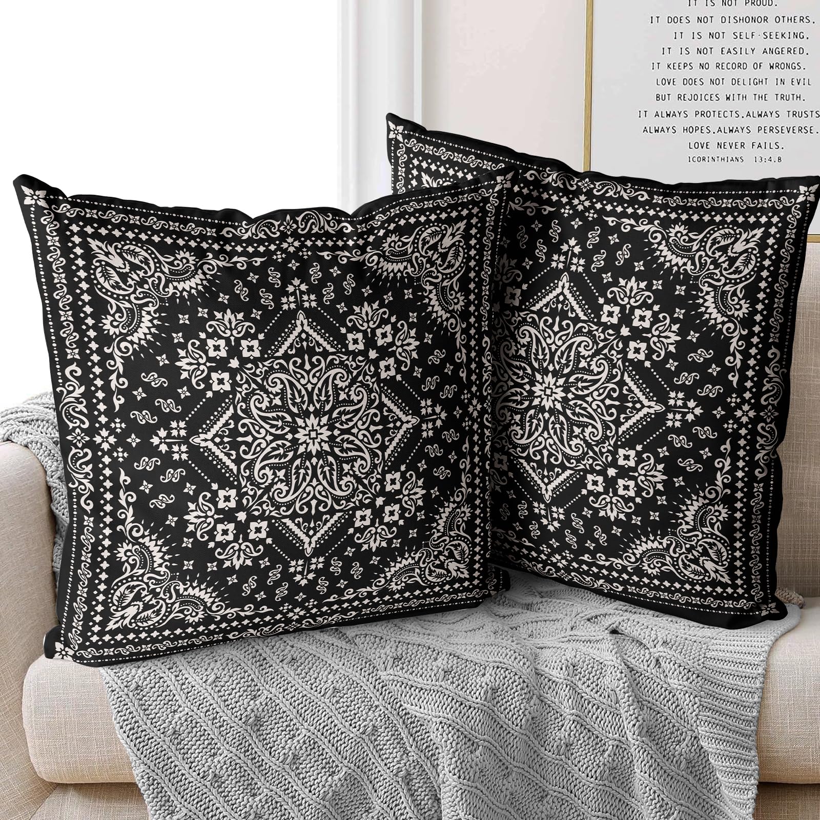 XPHZZL Pack of 2 Soft Decorative Cushion Covers 55 x 55 cm - Double Sided Boho Style Ethnic Square Pillowcases Pillow Covers for Home Decor Sofa Bedroom Car with Invisible Zipper 22 x 22 Inch - Black