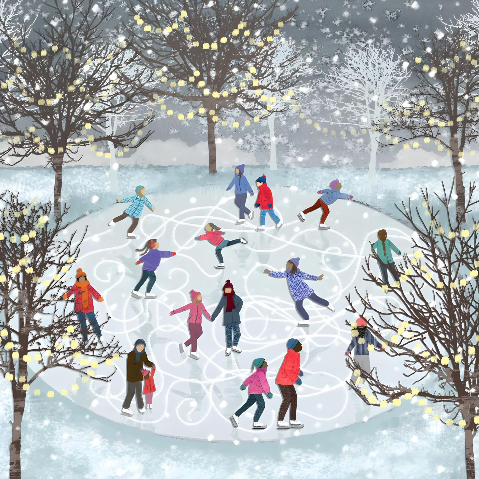 Macmillan Charity Christmas Cards Pack of 8 - Winter Ice Skating - Festive Artistic Design - Skating on the Pond by Emma Newton - Eco-Friendly - Made in the UK