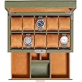 ROTHWELL 10-Slot Watch Box in Leather with Valet Drawer, Luxury Watch Case Display Organizer with Ultra Soft Microsuede Liner, Jewelry and Sunglass Holder With Large Glass top (Green/Tan)