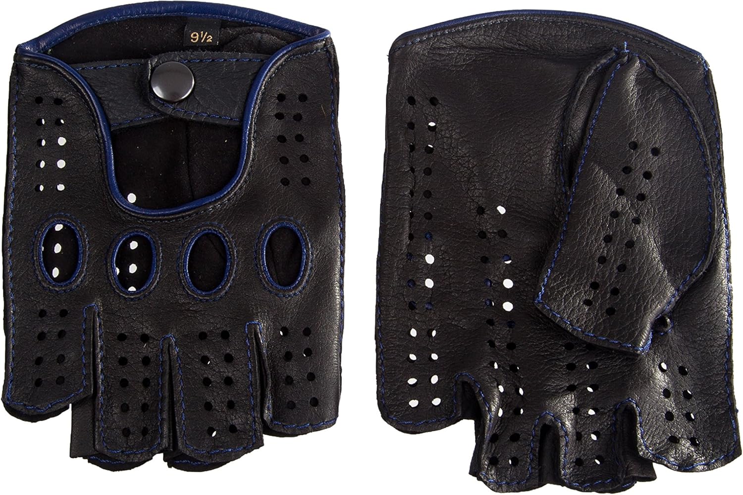 Women's Cycling Gloves Black Leather Gloves with Blue Stitching at