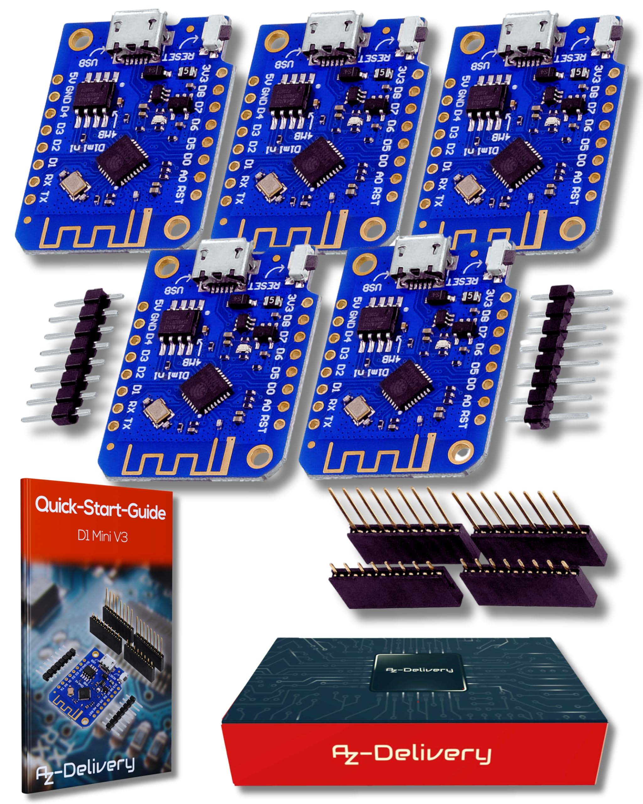 AZDelivery D1 Mini V3 NodeMCU ESP-8266 Micro USB WLAN Development Board CH340 4MB Flash ESP8266EX Compatible with Micropython Wemos & Arduino Including E-Book! (Pack of 5)