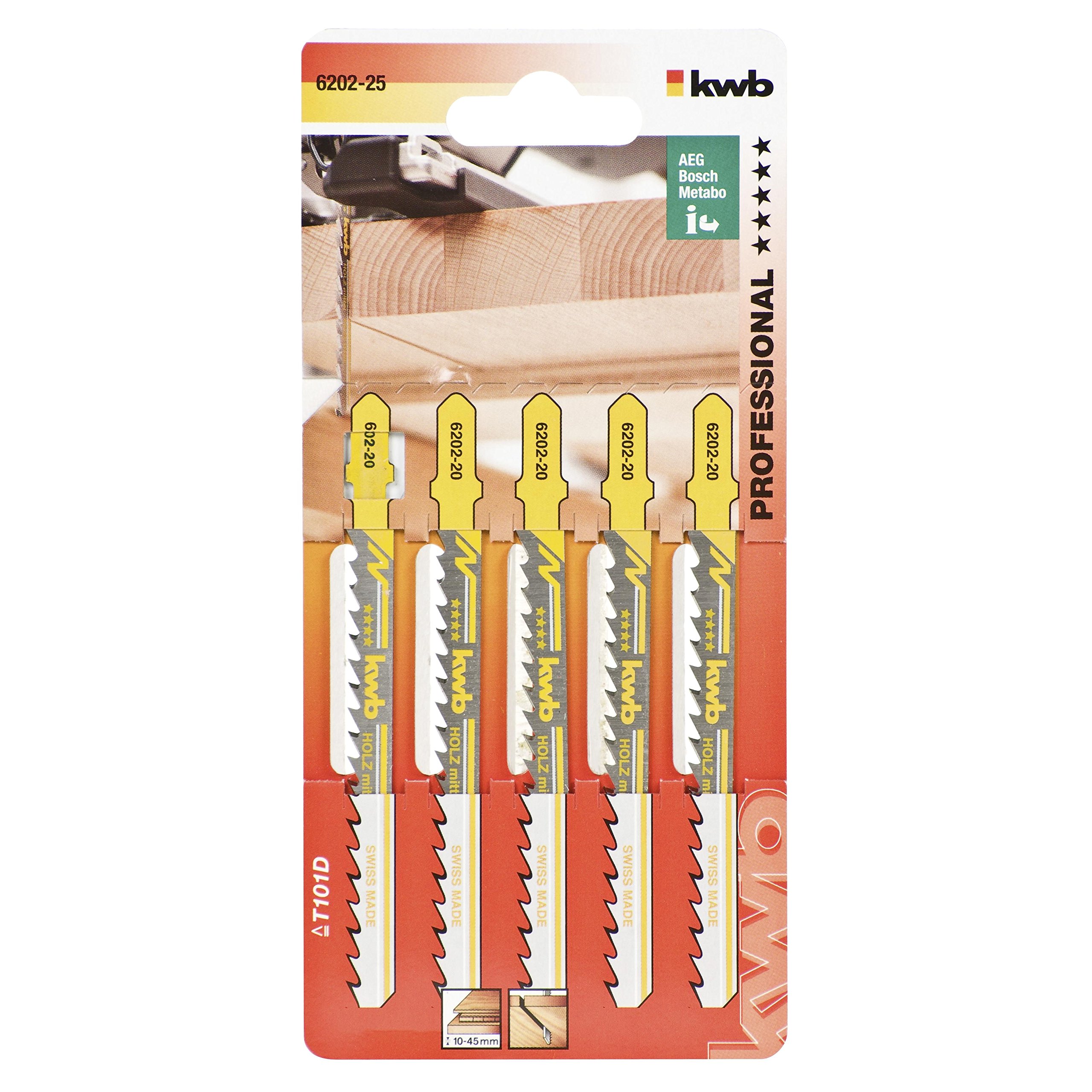 kwb Jigsaw Blades for Wood Made Of Flexible Hcs Steel With Single-Cam Shank (T-Shank), Single tooth, Optimum Sawdust Transport, Long-Lasting Sharpness, Polished Surface, for Fine Cuts