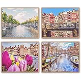 The Dutch Netherlands Vintage Vibrant Photography Photographic Prints, Set of 4, Unframed, Bicycles, Amsterdam, Canals, Tulips, Wall Art Decor Poster Sign, 5x7 Inches