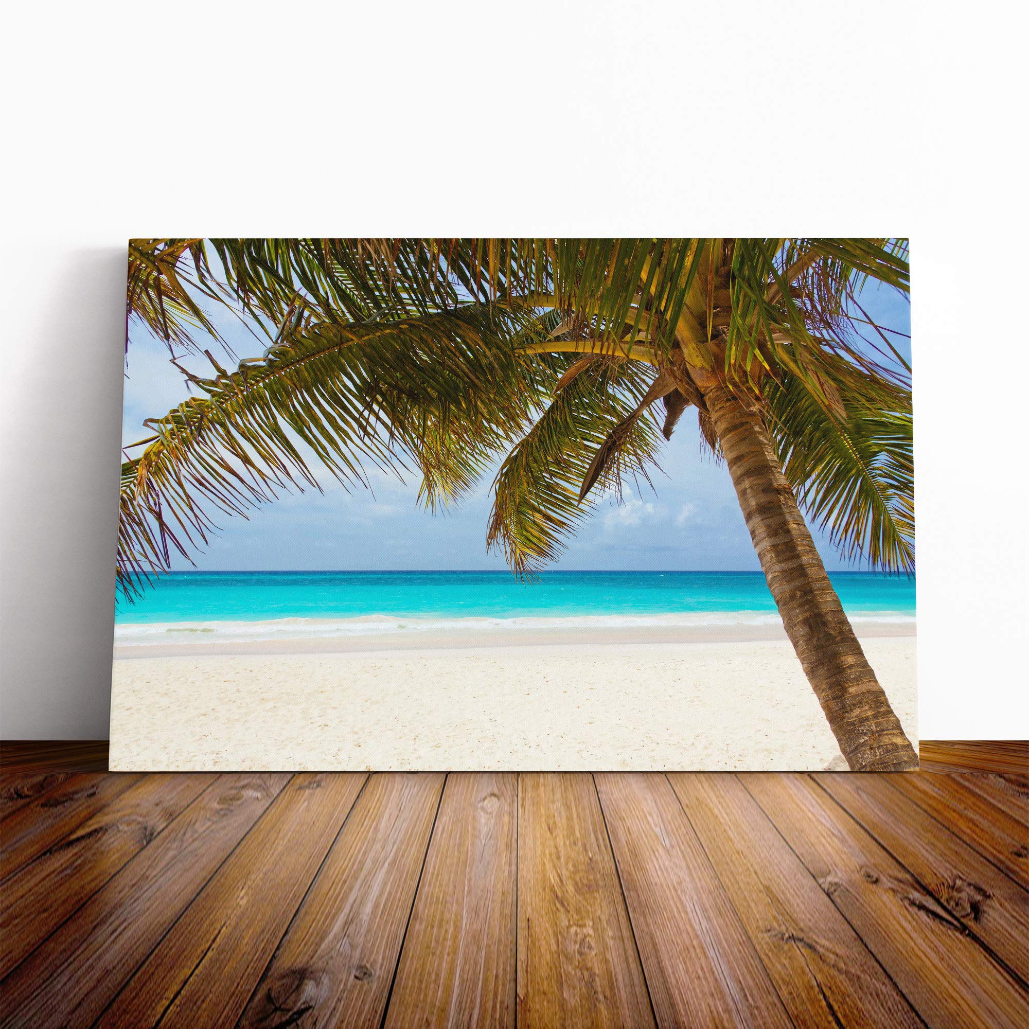 Seascape Palm Tree Tropical Beach Paradise (3) Canvas Print | Gallery Wrapped 30mm Frame Wall Art | 20x14 inches | Ready to Hang | Modern Floral Picture | Living Room Bedroom Lounge Office