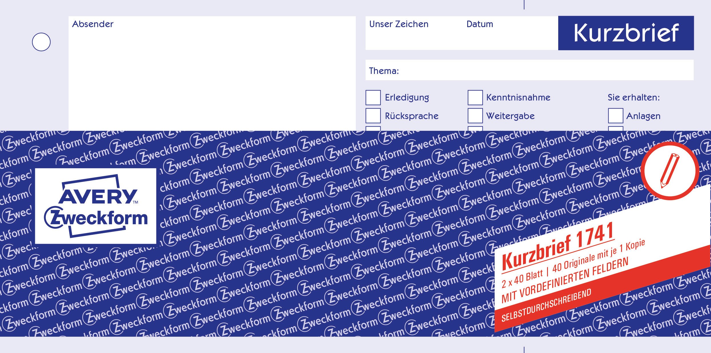 Avery Zweckform 1020 KURZBRIEF A4 Punched (1/3) – 100 Sheets – White selbstdurchschreibend, 1er Pack