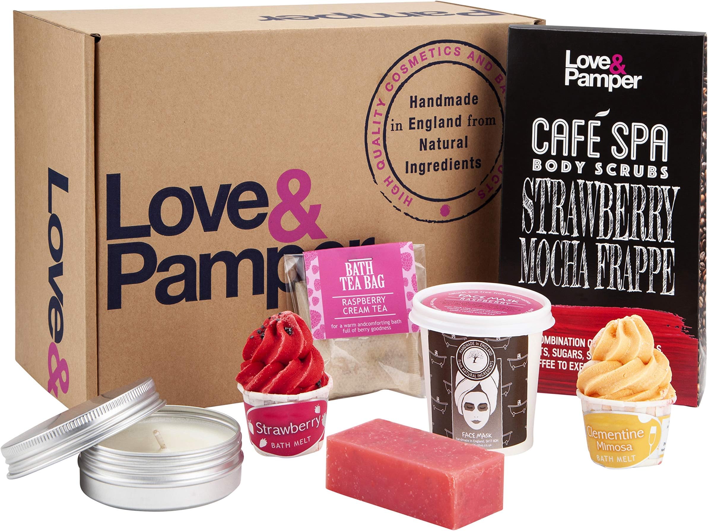 Pampering Bath Botanical Spa Gift Set Perfect Treat For You or Loved One,Strawberry/Clementine & Prosecco Bath Melts,Strawberry Coffee Scrub,Face Mask,Patchouli Rose Soap,Scented Candle,Handmade in UK