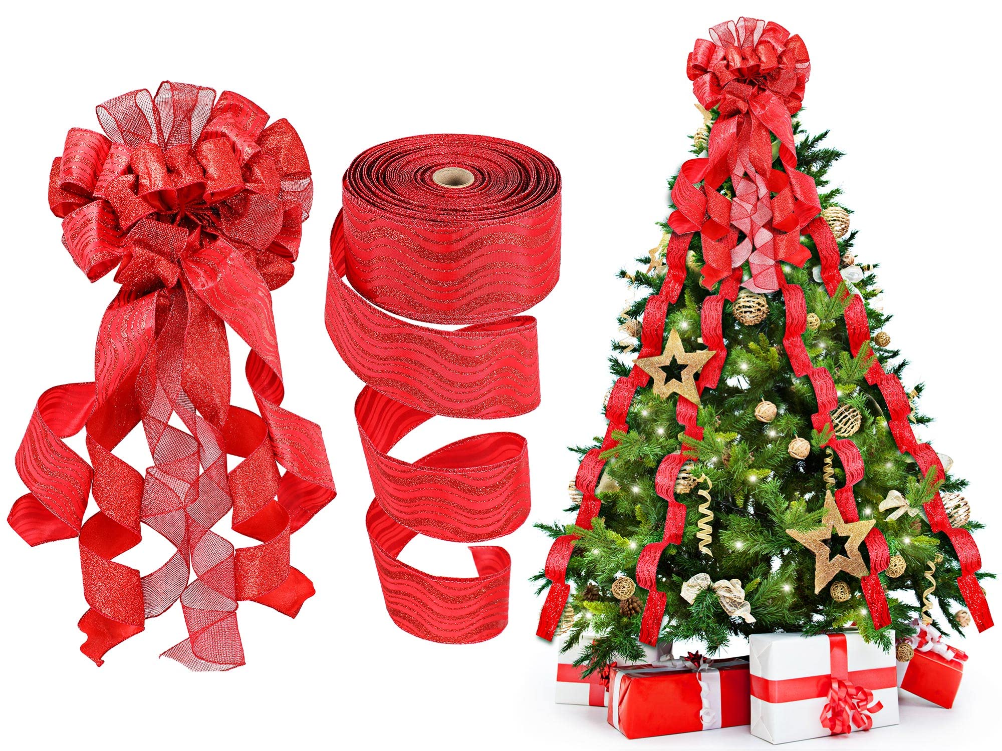 Geosar Christmas Tree Topper Christmas Wreath Bow 12 x 34 Inch with Glitter Streamer Hanging Xmas Large Bow Decorative Ribbon Bows for Xmas Wreath Door Festival Home Decor(Red Style)
