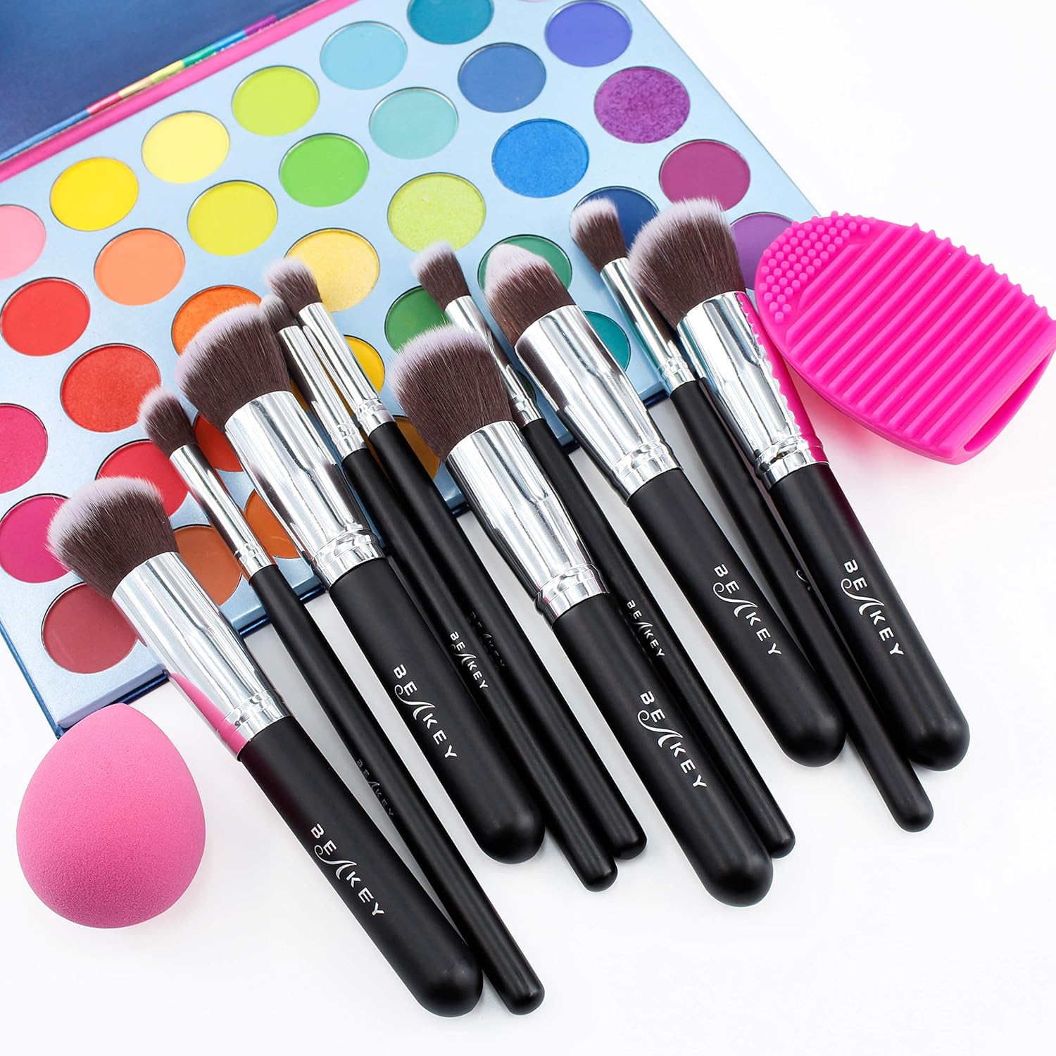 BEAKEY Makeup Brush Set, Premium Synthetic Kabuki Foundation Face Powder Blush Eyeshadow Brushes Makeup Brush Kit with Blender Sponge and Brush Cleaner (10+2pcs, Black/Silver): Beauty
