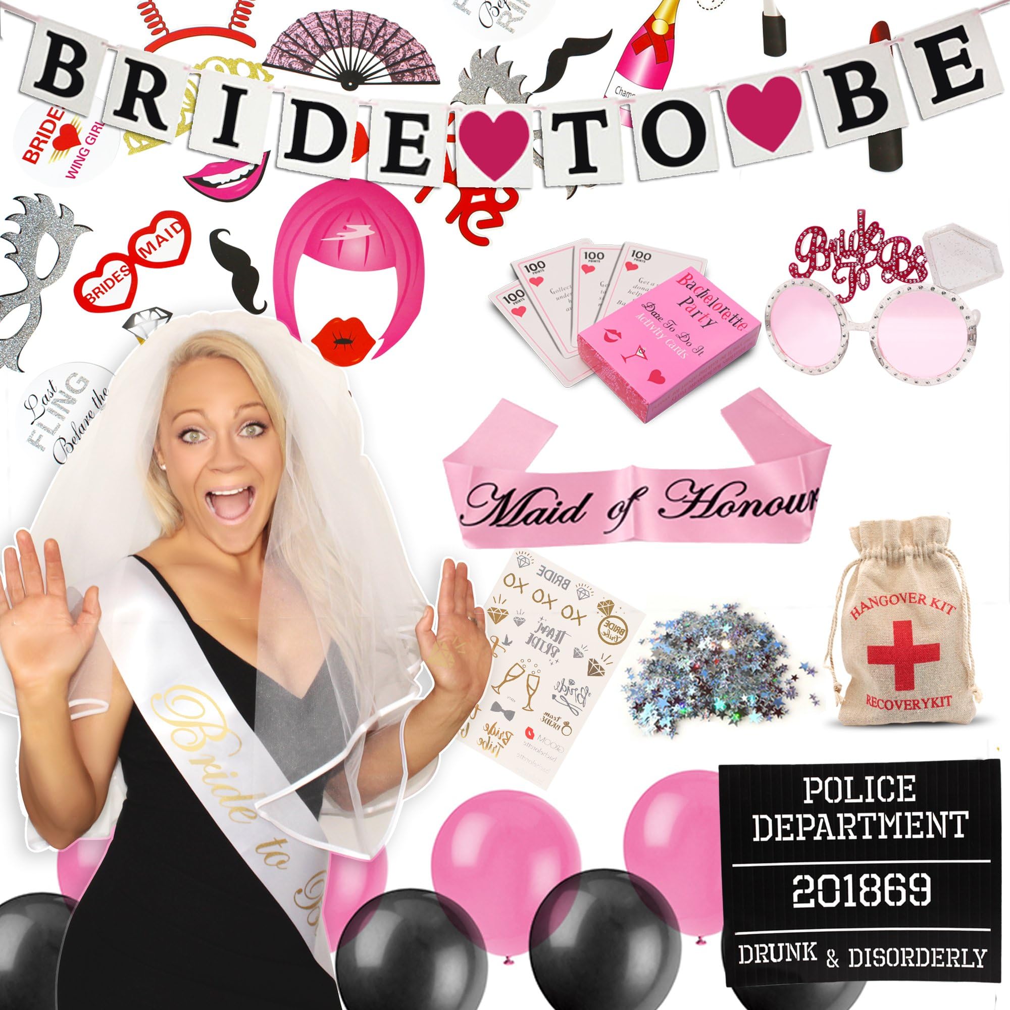 Miradical Complete Bachelorette Party Decorations Kit | Bachelorette Bride Sash, 'Bride to Be' Banner, Maid of Honour Sash, Veil/Comb, Bride Tribe Tattoos, Photo Booth Props, Mugshot and More