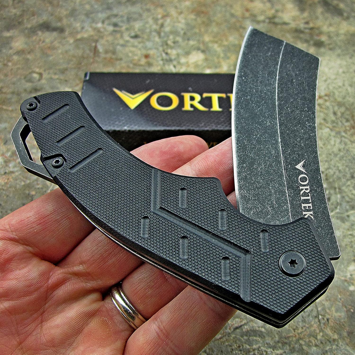 VORTEK Pocket Cleaver Knife: Ball Bearing Pivot, 8Cr13MoV Razor Sharp Cleaver Blade, Ultra Smooth Opening, Non-Slip G10 Handles, Heavy Duty Construction Built Tough: Kitchen & Dining
