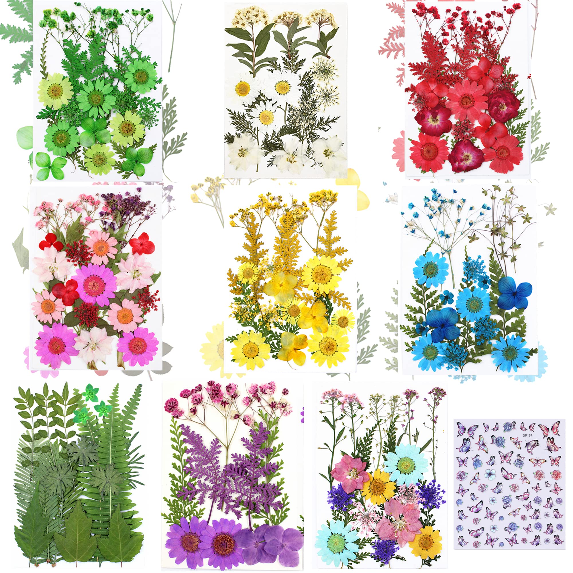 Cayway 8 Pack Dried Flowers for Resin Molds, Real Natural Dried Pressed Flowers, Natural Dried Pressed Leaves with Butterfly Sticker for Scrapbooking DIY Art Crafts, Jewelry — image 1