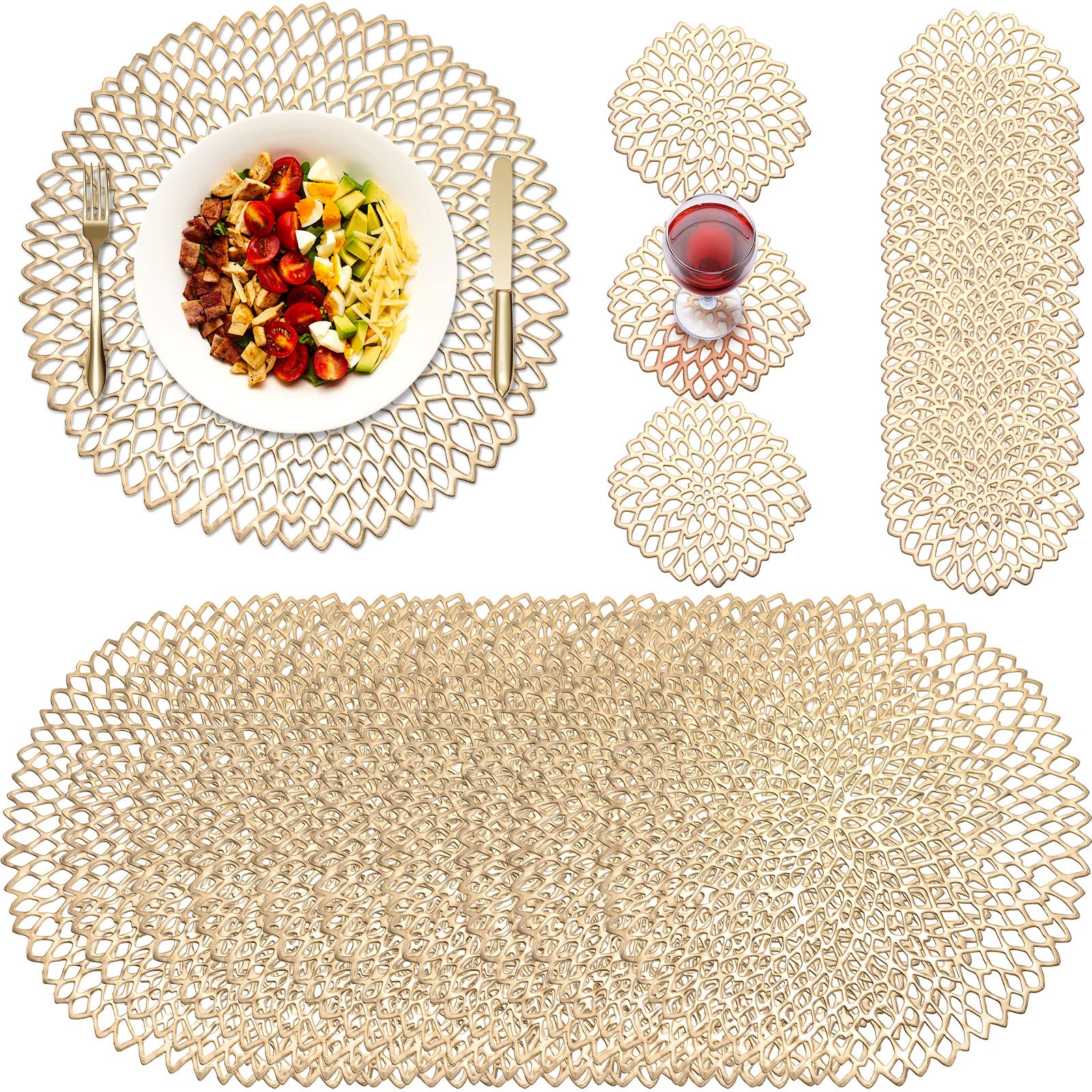 Photo 1 of Round Pressed Vinyl Placemats Metallic Placemats Coasters Set Including Placemats and Coasters Hollow Round Table Mats for Wedding Dinner Party Table Supplies (Gold, 24 Pcs)