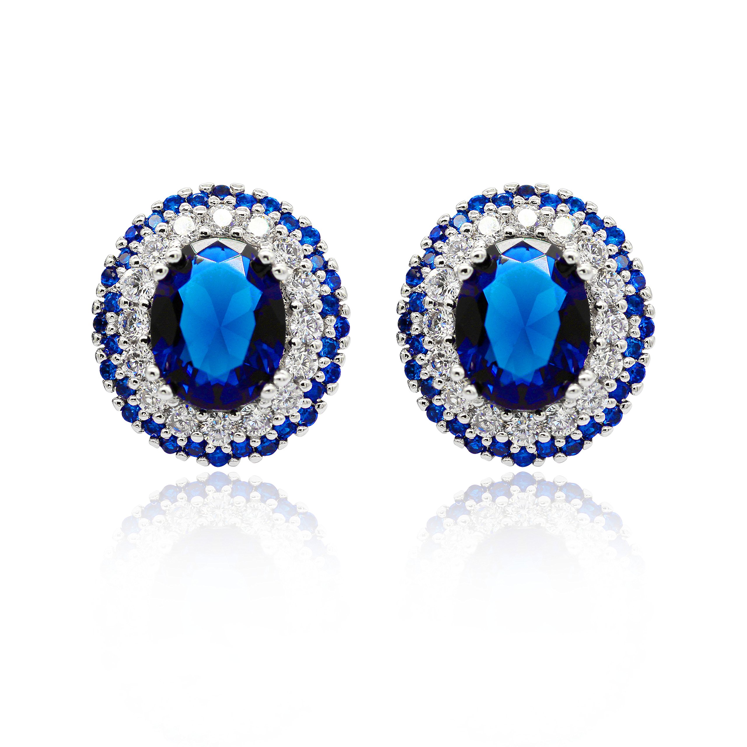 Uloveido Oval Blue Cubic Zirconia Stone White Gold Plated Studs Earrings for Women Sensitive Ears with Crystals ED004