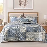CASAAGUSTO King Size Quilt Set - 3 Pieces Patchwork Blue Quilt Bedding Set, Lightweight King Bedspread Coverlet, Reversible Floral Bed Cover for All Seasons (106"x94", 1 Quilt + 2 Pillow Shams)