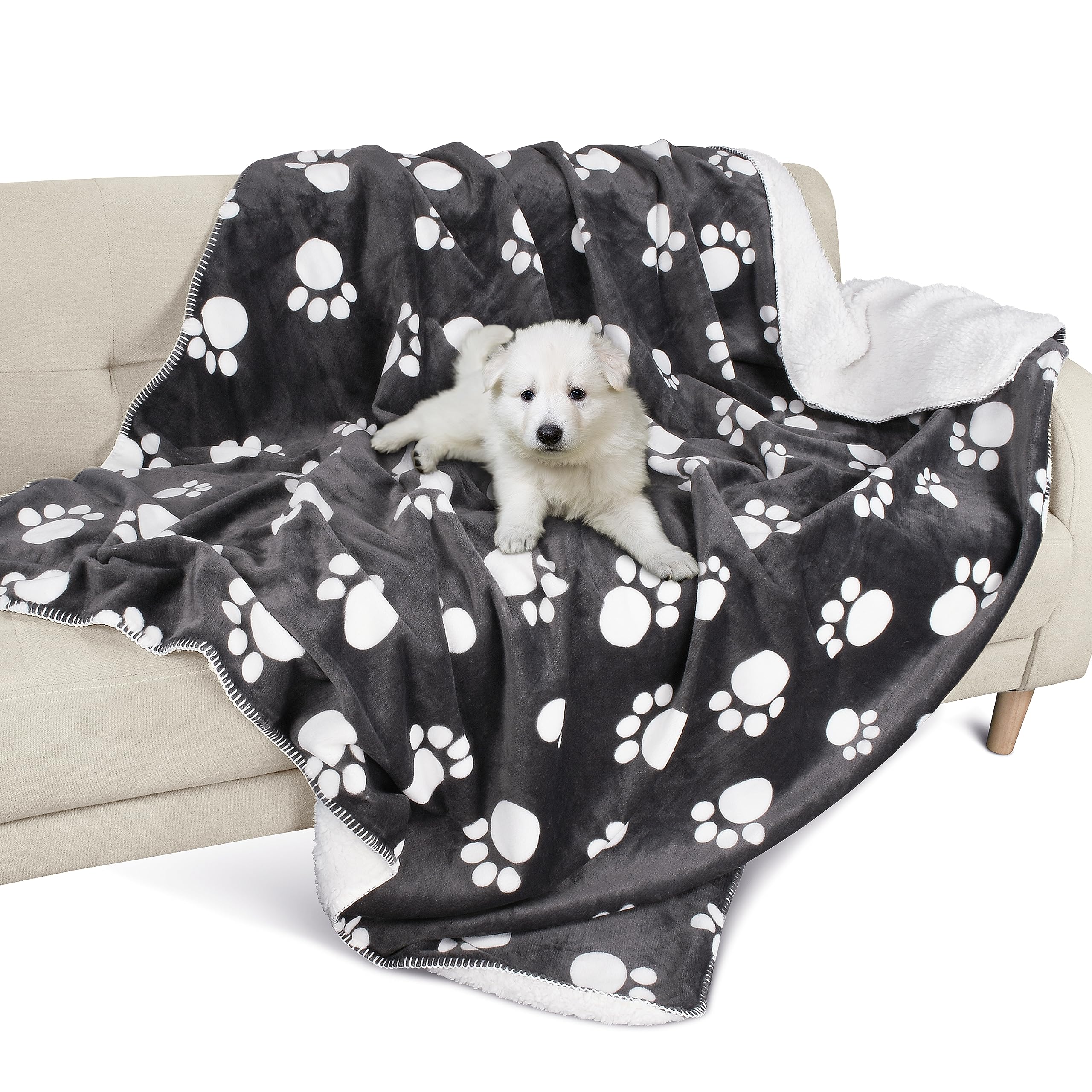 Pawsee Paw Print Waterproof Dog Blanket, Pet Pee Proof Fleece Sherpa Throw Blanket for Sofa Couch Bed Protection, Washable Reversible Furniture Protector Cover, 150 x 130 cm